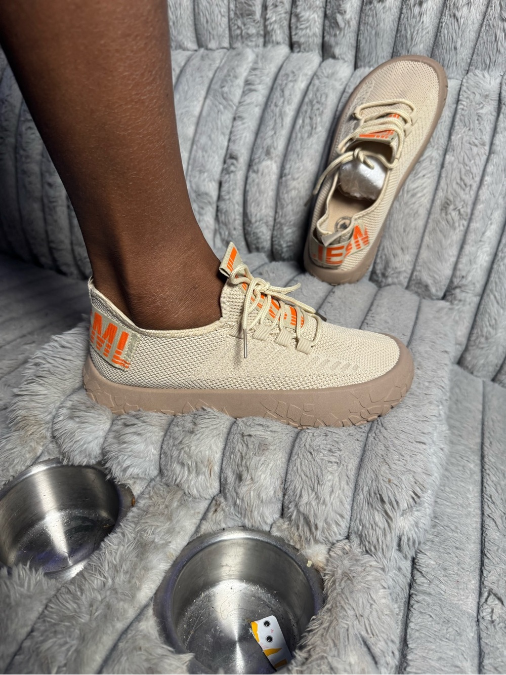 Men's Beige Knit Sneakers with Orange Detail